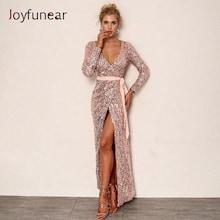 Romwe Joyfunear Deep V Neck Sequin Belted Dress