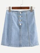 Romwe Buttoned Fly A-line Denim Skirt - Light Blue