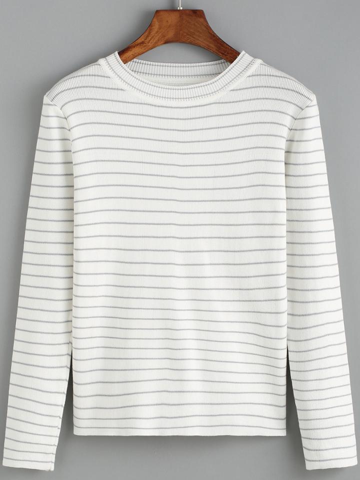 Romwe Round Neck Striped Grey Sweater