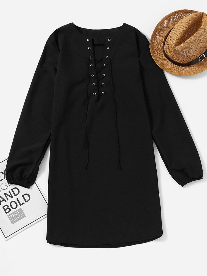 Romwe Plunging V-neckline Eyelet Lace Up Dress