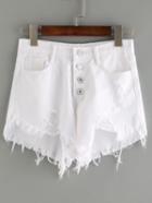 Romwe Buttoned Fly Frayed White Denim Shorts