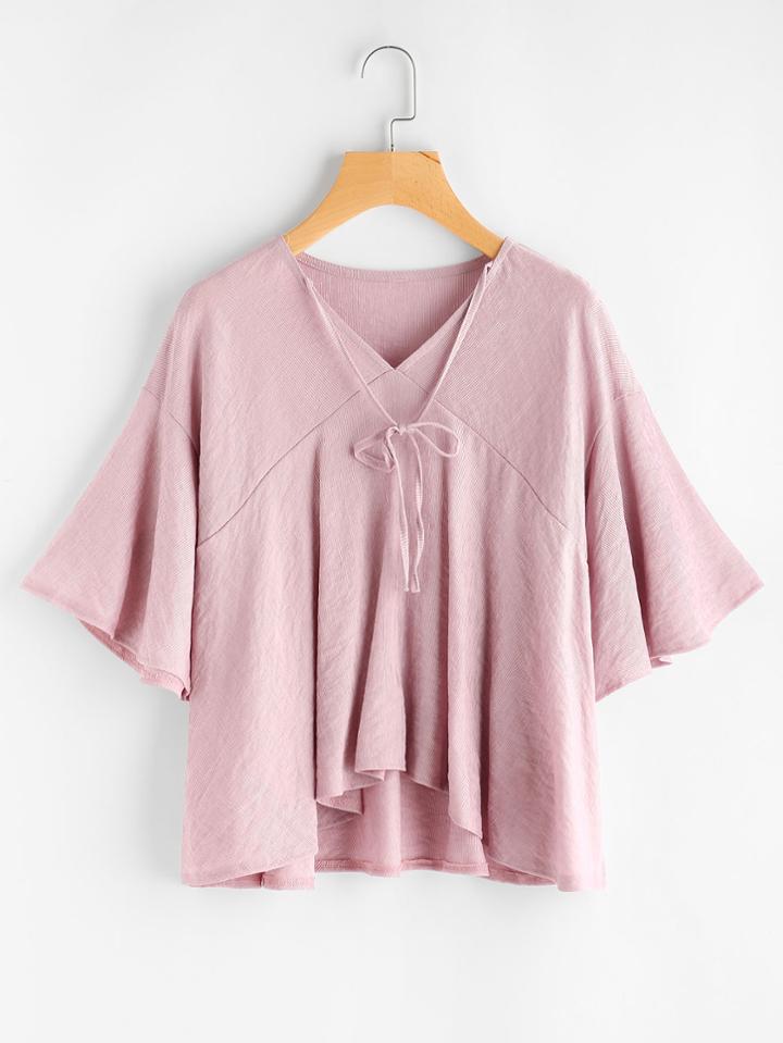 Romwe Fluted Sleeve Tie Front Dip Hem Blouse