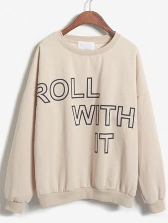 Romwe Roll With It Print Loose Apricot Sweatshirt