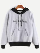 Romwe Contrast Ribbed Trim Embroidered Hooded Sweatshirt