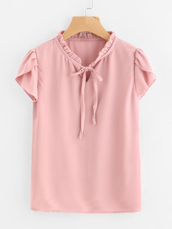 Romwe Petal Sleeve Frill Collar Tie Neck Chiffon Blouse