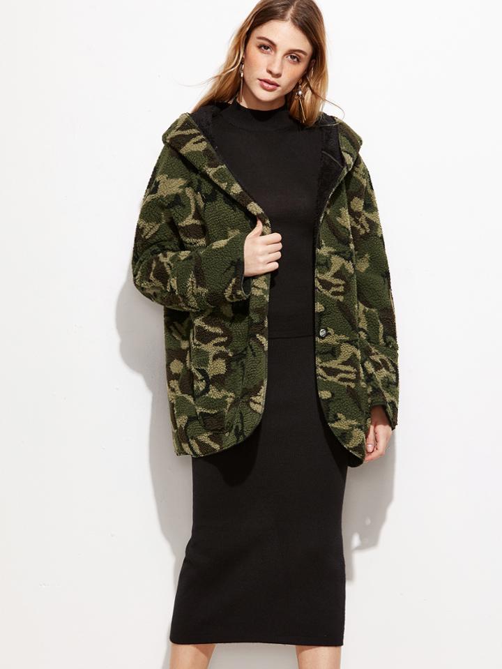 Romwe Camo Print Sherpa Hooded Coat