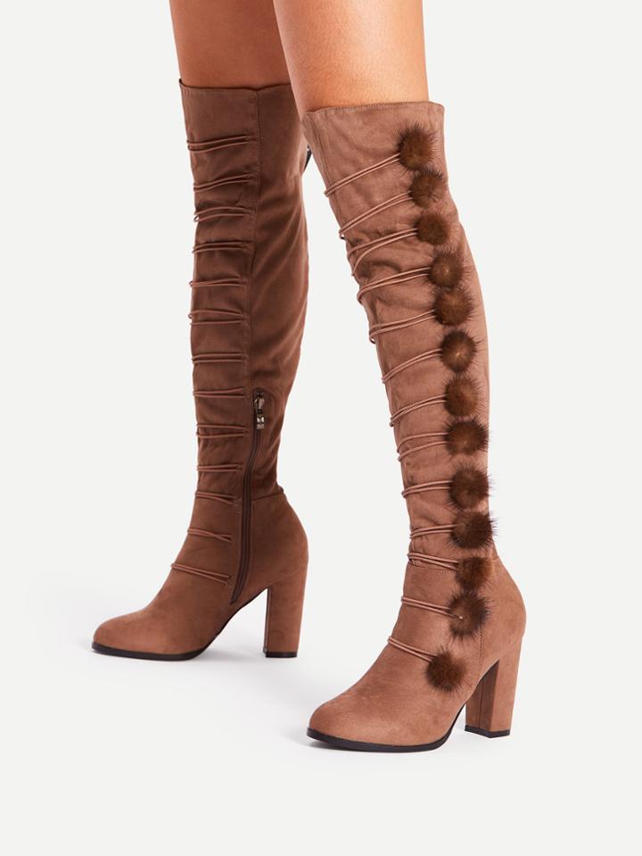 Romwe Pom Pom Button Design Knee Length Boots