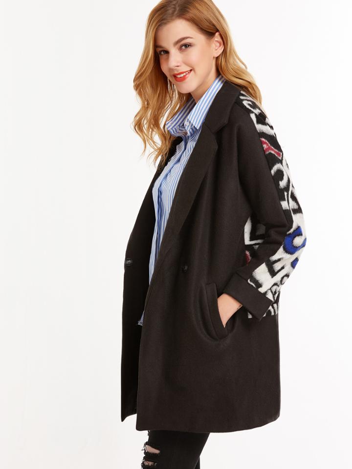Romwe Black Contrast Letter Print Single Button Coat