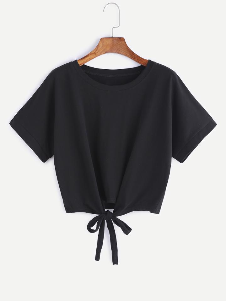 Romwe Black Tie Front Crop T-shirt
