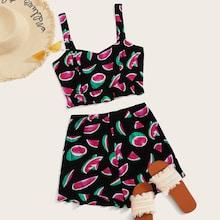 Romwe Watermelon Print Zipper Back Cami Top With Shorts