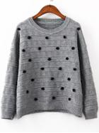 Romwe Round Neck Ball Embellished Grey Sweater