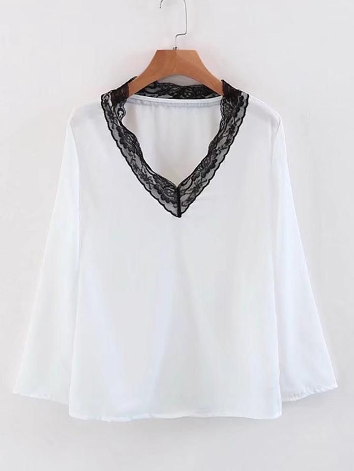 Romwe Contrast Lace Trim Neck Top