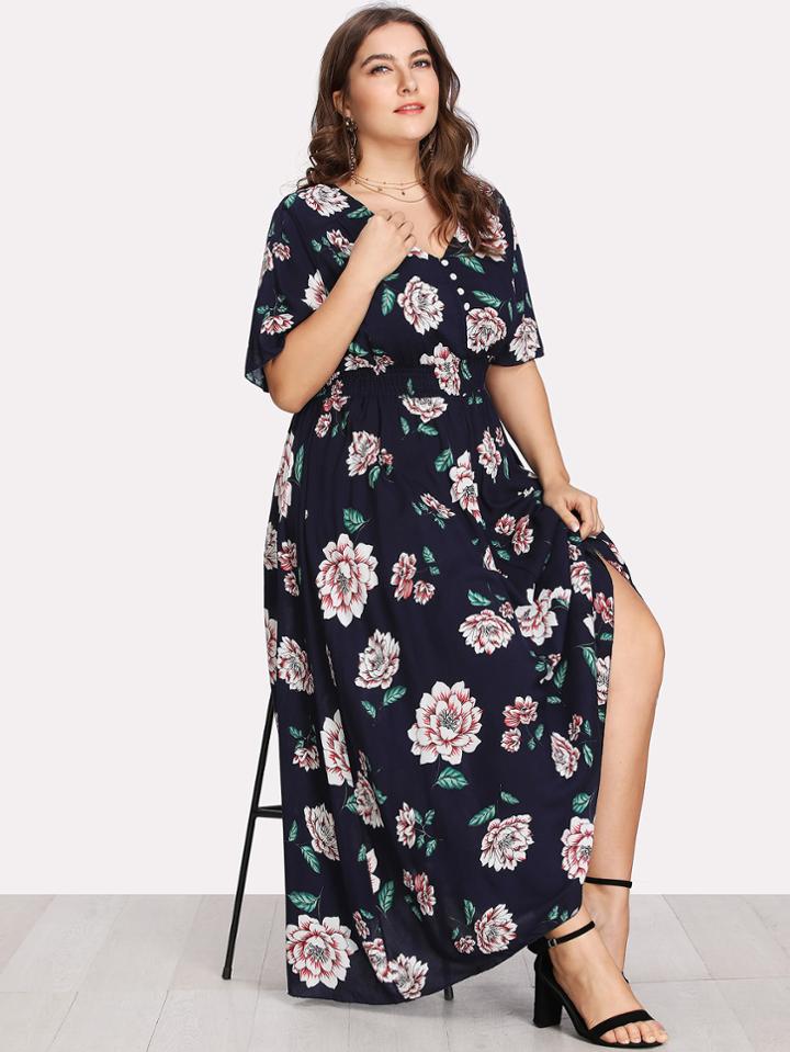 Romwe Button Front Shirred Waist Floral Dress