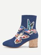 Romwe Bird Embroidery Denim Ankle Boots