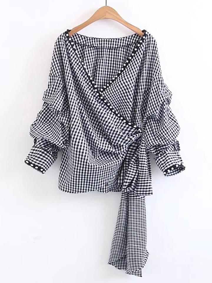 Romwe Pearls Embellished Checkered Tie Waist Blouse