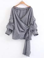 Romwe Pearls Embellished Checkered Tie Waist Blouse