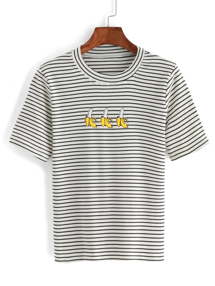 Romwe Striped Banana Print White T-shirt