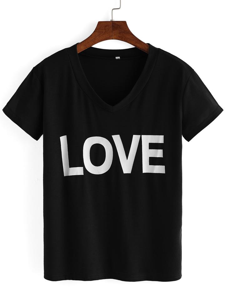 Romwe Love Print Round V Neck Black T-shirt