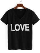 Romwe Love Print Round V Neck Black T-shirt