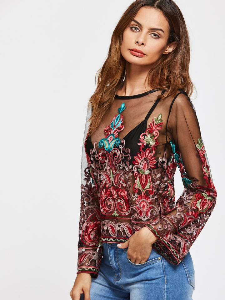 Romwe Keyhole Back Embroidery Mesh Blouse