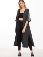 Romwe Heather Grey Striped Half Sleeve Slit Open Front Coat