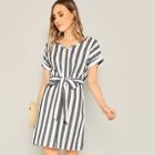 Romwe Two Tone Striped Belted Dress