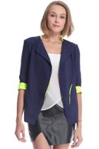 Romwe Dual-tone Zippered Navy-blue Blazer