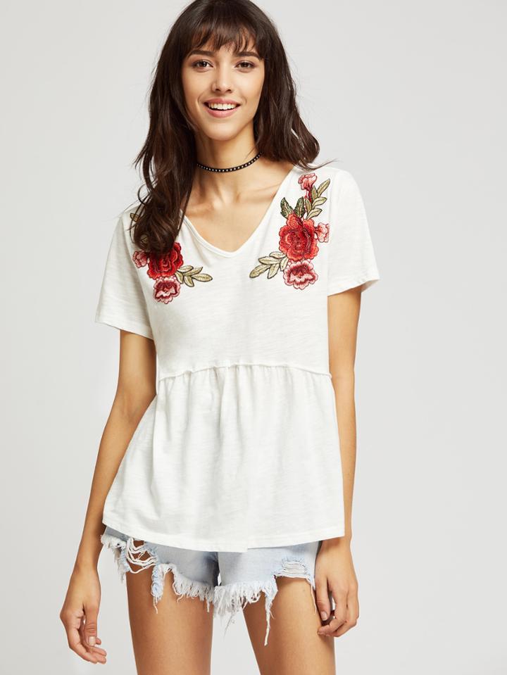 Romwe Embroidered Applique Seam Slub Tee