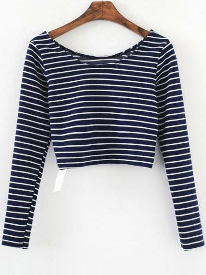 Romwe Blue Striped Long Sleeve Crop T-shirt