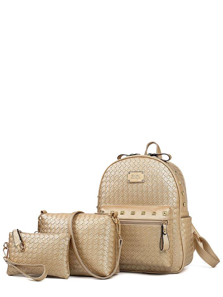 Romwe 3 Pcs Knitted Rivet Embellished Bags Set