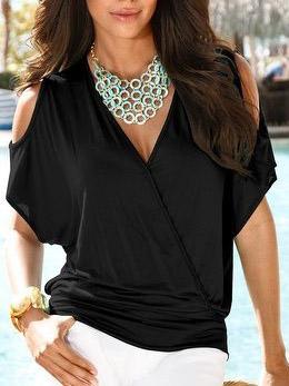 Romwe Black V Neck Wrap T-shirt