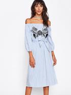 Romwe Off Shoulder Striped Self Tie Embroidered Dress