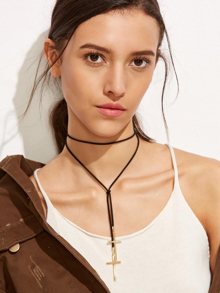 Romwe Black Cross Pendant Wrap Choker Necklace
