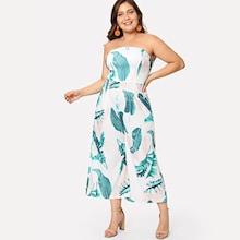 Romwe Plus Wide Leg Leaf Print Tube Jumpsuit