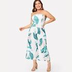 Romwe Plus Wide Leg Leaf Print Tube Jumpsuit