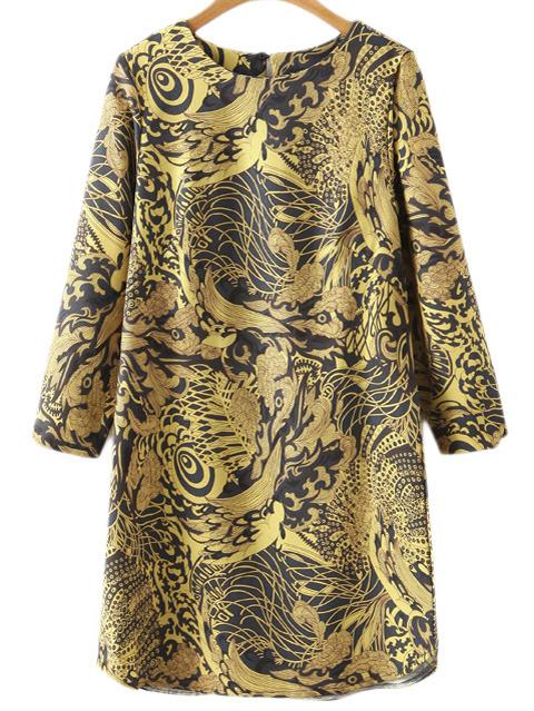 Romwe Yellow Keyhole Back Vintage Dragonic Print Dress