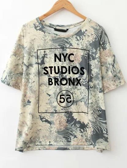 Romwe Grey Short Sleeve Flocked Letters Floral T-shirt