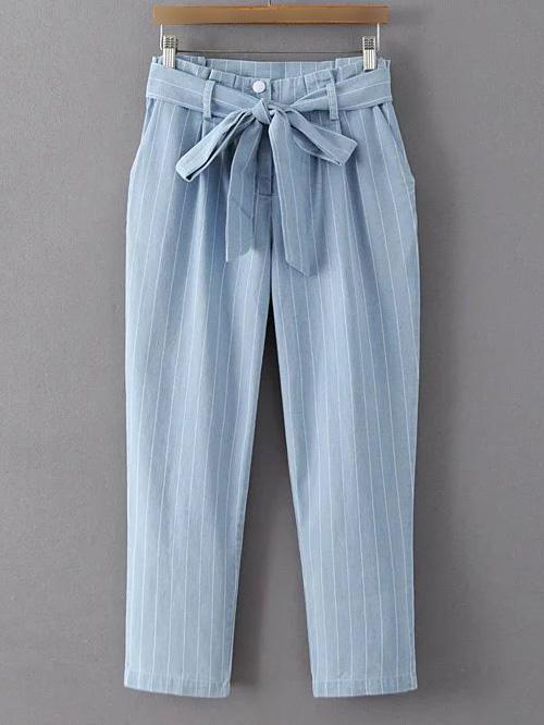 Romwe Blue Stripe Zipper Pockets Cropped Pants With Belt