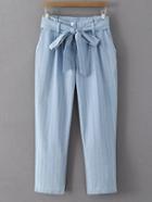 Romwe Blue Stripe Zipper Pockets Cropped Pants With Belt