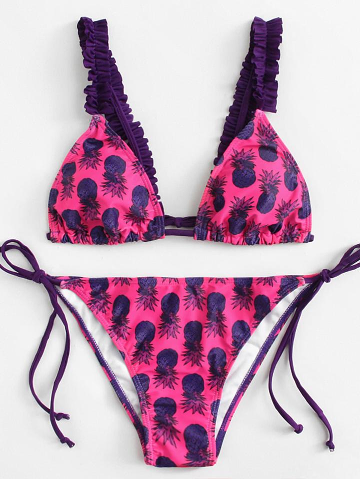 Romwe Pineapple Print Ruffle Bikini Set