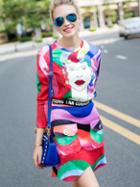Romwe Multicolor Round Neck Length Sleeve Print Two Pieces Dress