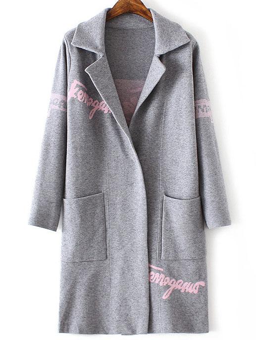Romwe Grey Letter Print Shawl Collar Pocket Long Sweater Coat