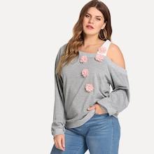 Romwe Plus Flower Decoration Asymmetrical Shoulder Sweatshirt