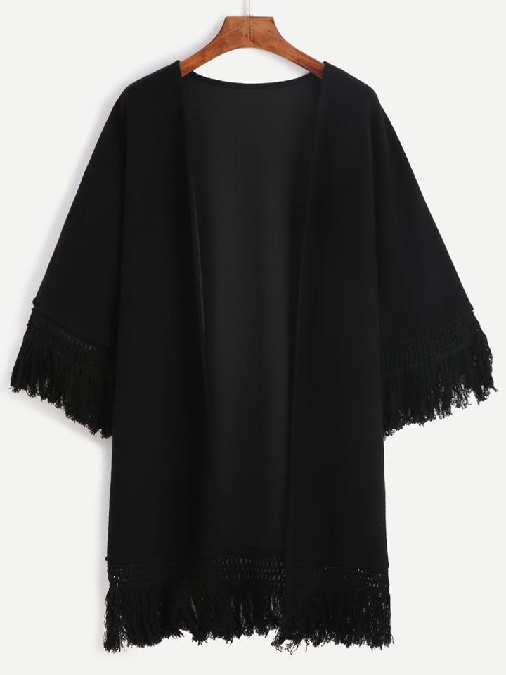 Romwe Black Fringe Trim Open Front Coat