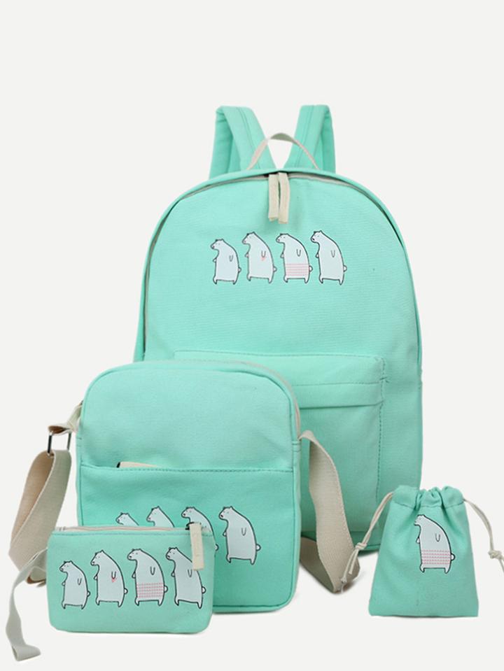 Romwe Light Green Canvas Animal Print 4 Pieces Bags
