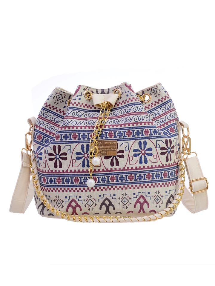 Romwe Tribal Print Chain Drawstring Canvas Bucket Bag