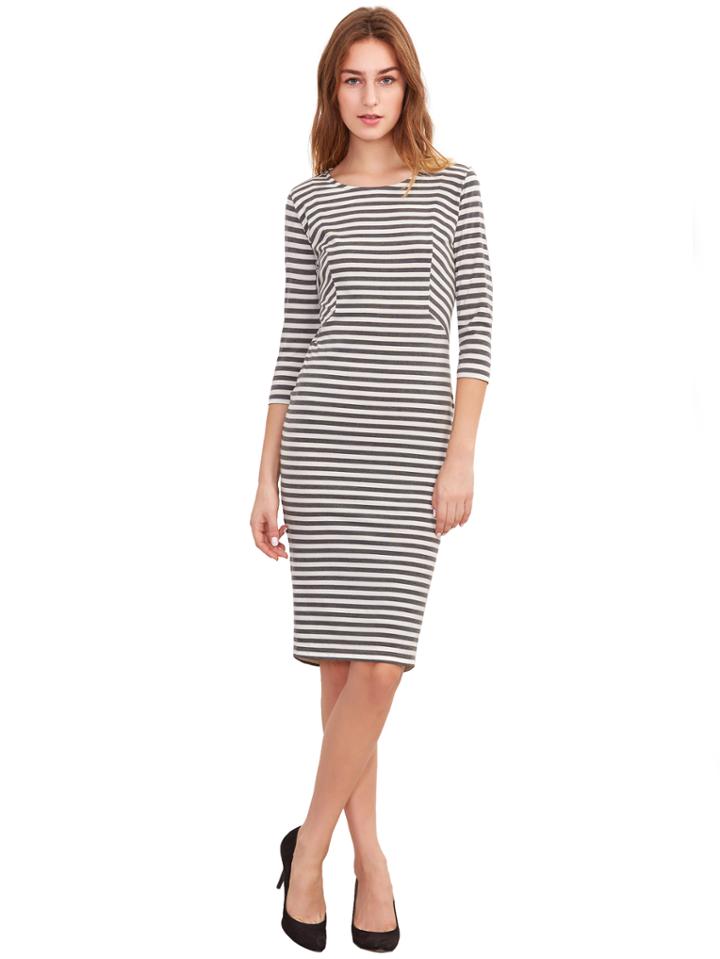 Romwe Grey White Half Sleeve Striped Dress