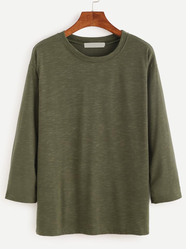 Romwe Army Green Three Quarter Length Sleeve T-shirt