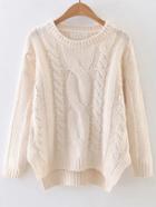 Romwe White Cable Knit Asymmetrical Hem Sweater