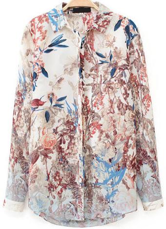 Romwe Leaves Print Lapel Blouse